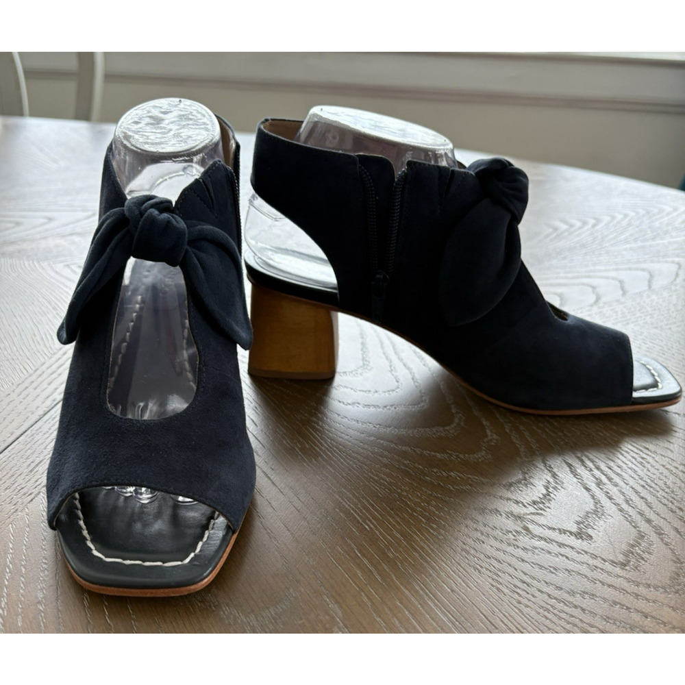 Bernardo Lizzie Navy Suede Booties Open Toe Block Wood Heel Designer Bow | 8.5 - Picture 3 of 9
